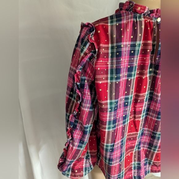 Crown & Ivy red pink gold foil polka dots ruffled long balloon sleeve top sz L - Picture 8 of 10